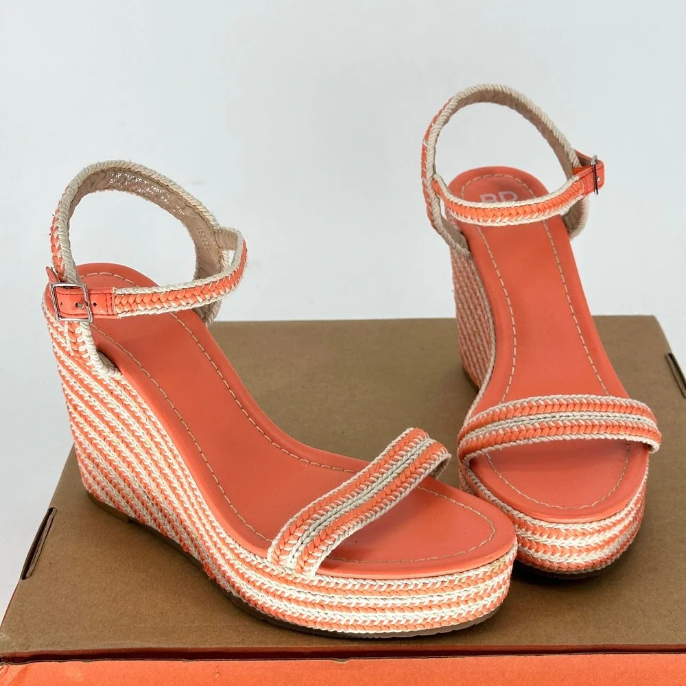BP. Camelia Woven Orange White Wedge Sandals Buckle Ankle Summer Vacay 8 M